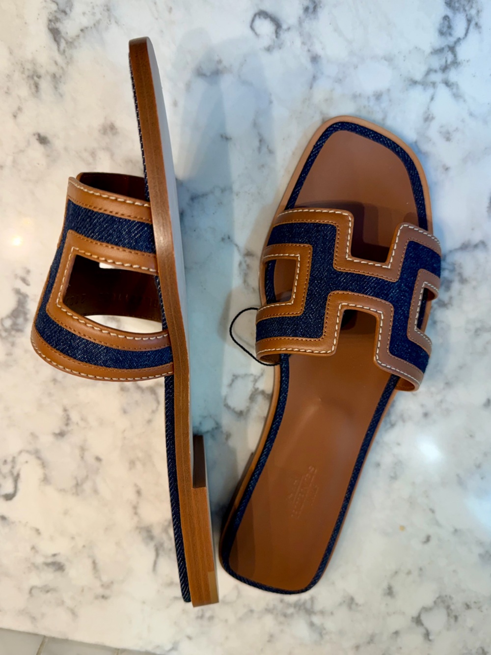 NEW Hermes Denim/Brown Leather Oran Slide Sandal sz 38.5 - Picture 5 of 6